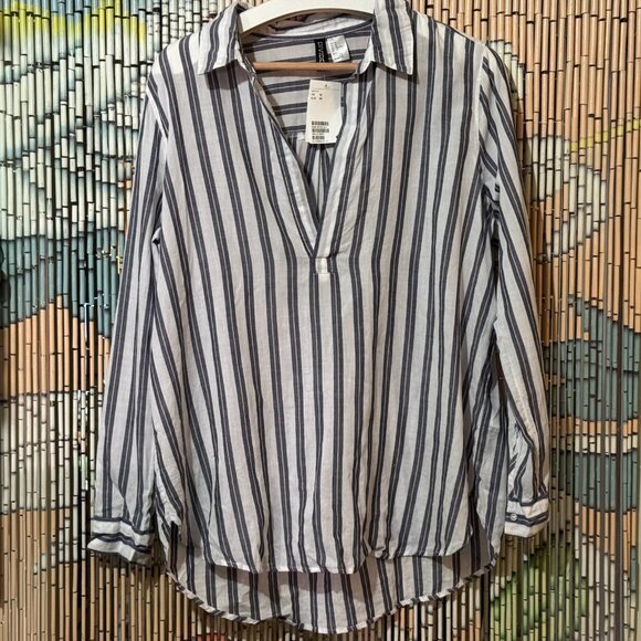 H&M V-Neck 100% Cotton Woven Striped Tunic Shirt, White & Blue with Pink, 12 - Picture 1 of 15